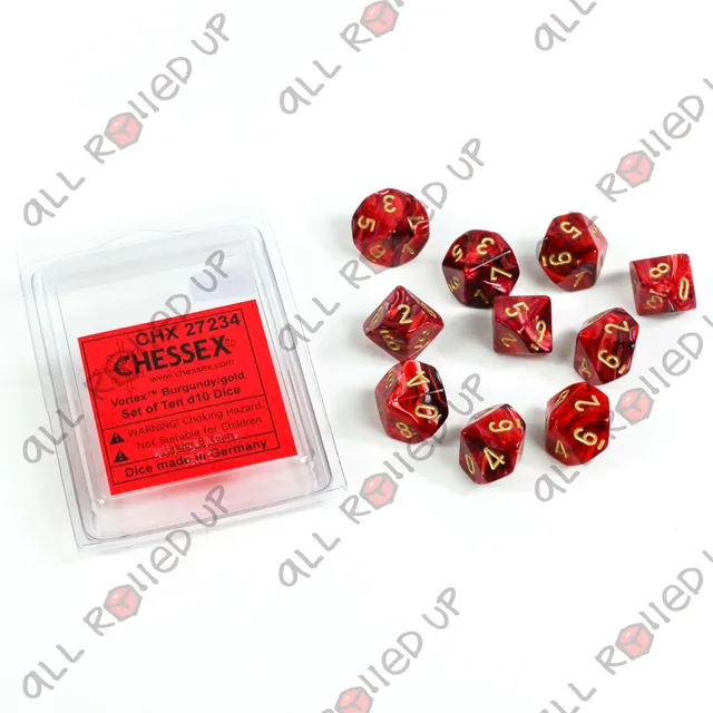 Chessex Vortex D10 sada kostek 10 ks burgundy gold