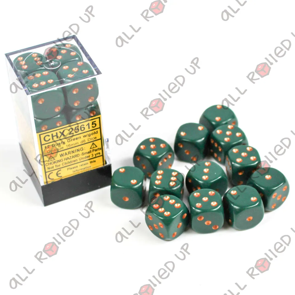 Chessex Opaque D6 Dusty Green Copper sada kostek 12 ks 16 mm
