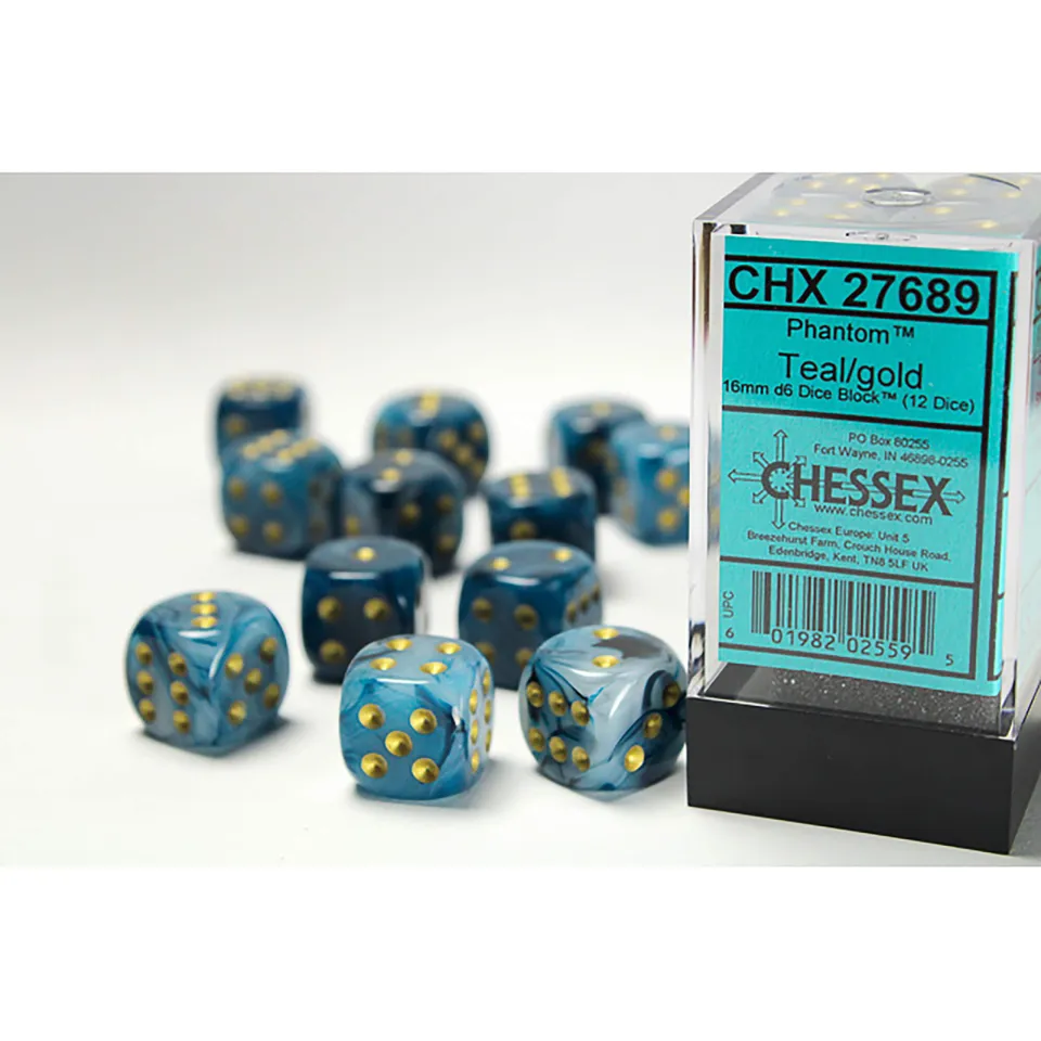 Chessex Phantom Teal & Gold kostky D6 12 ks 16 mm perleťové
