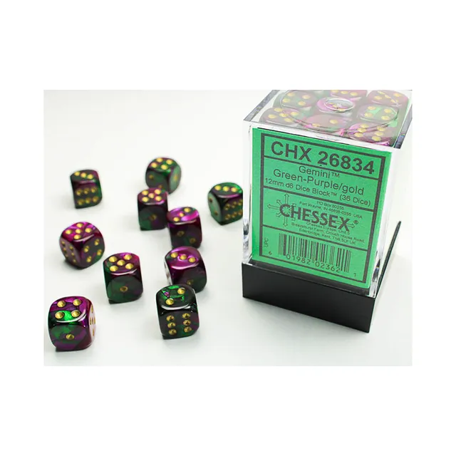 Chessex Gemini Green-Purple sada kostek D6 36 ks 12mm