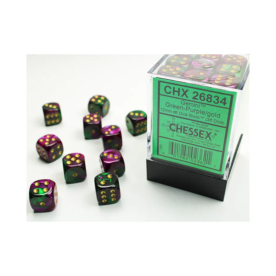 Chessex Gemini Green-Purple sada kostek D6 36 ks 12mm