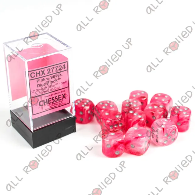 Chessex Ghostly Glow Pink Silver sada kostek 12ks D6