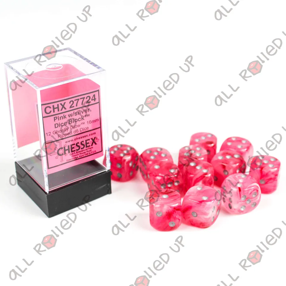 Chessex Ghostly Glow Pink Silver sada kostek 12ks D6
