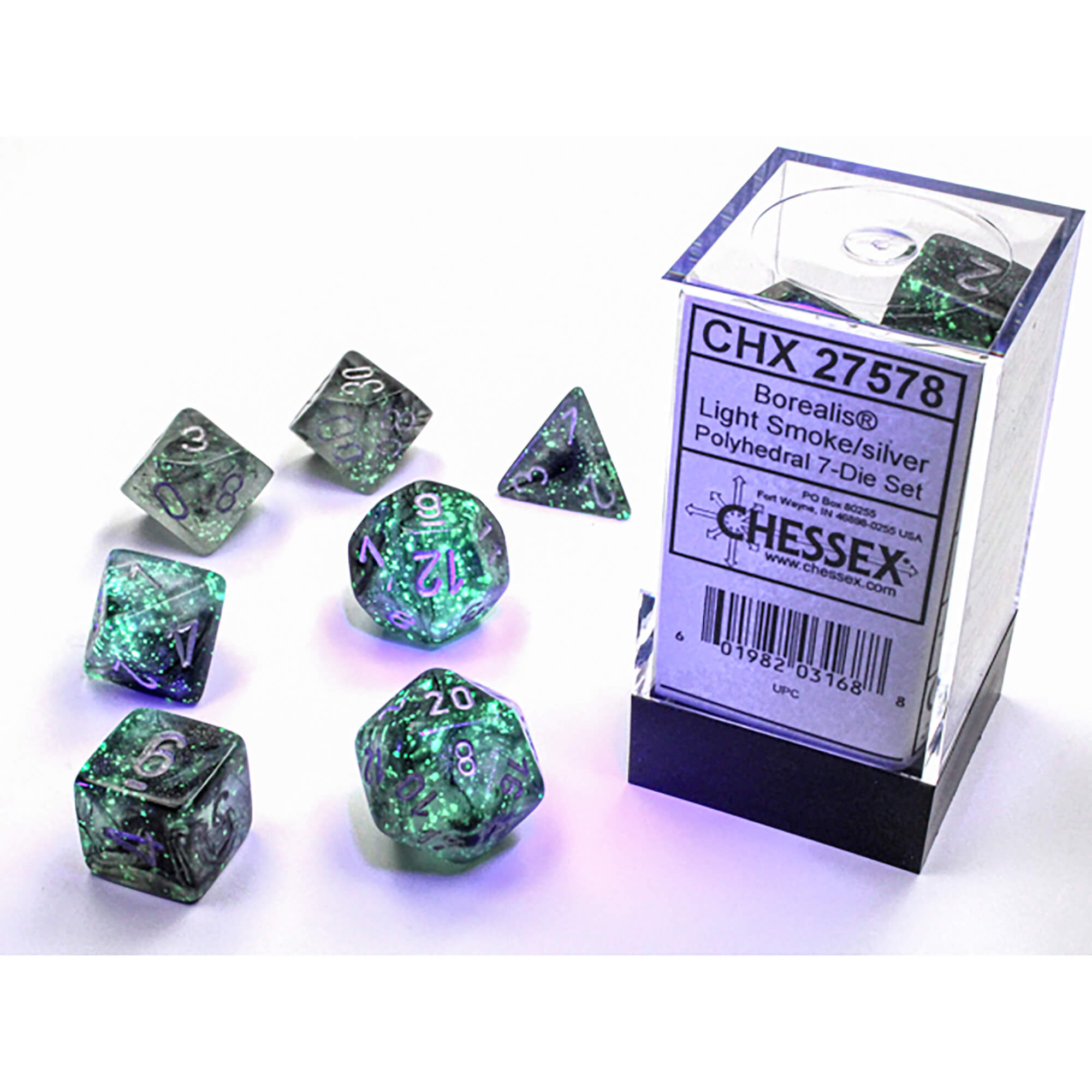 Chessex Borealis Light Smoke sada kostek 7 ks svítící