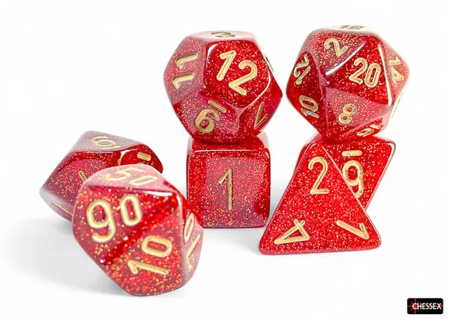 Chessex Glitter Ruby Gold sada kostek Megahedral 7ks