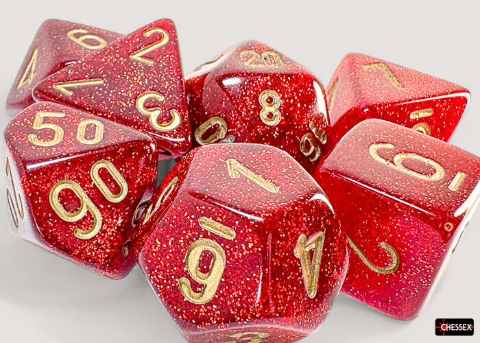 Chessex Glitter Ruby Gold sada kostek Megahedral 7ks