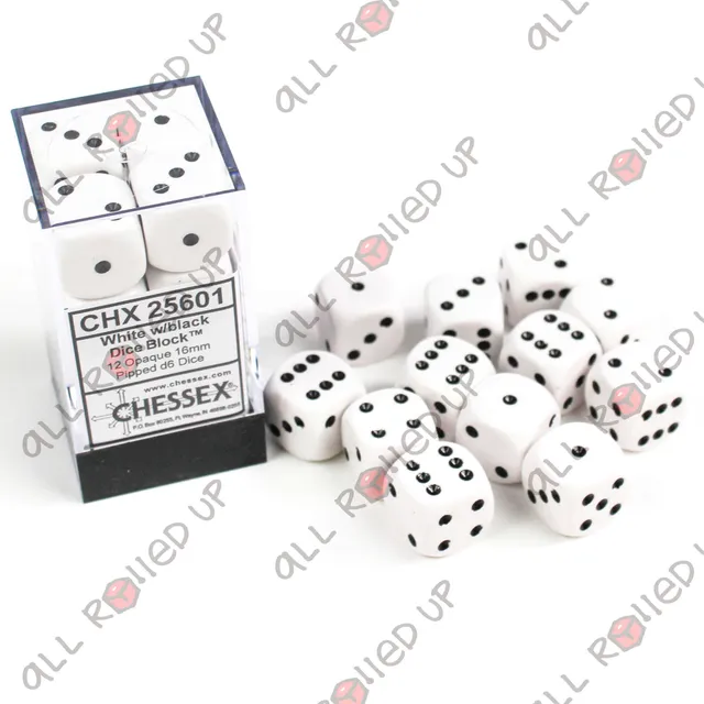 Chessex Opaque D6 sada kostek 12 ks bílo-černá 16 mm