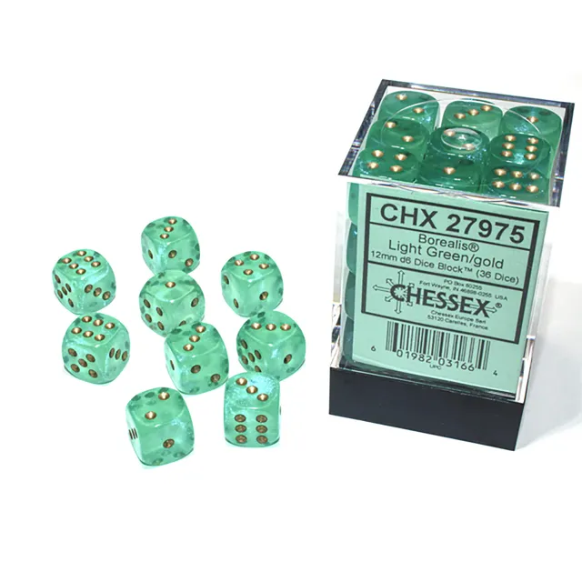 Chessex Borealis Light Green/Gold sada kostek 36ks svítivá