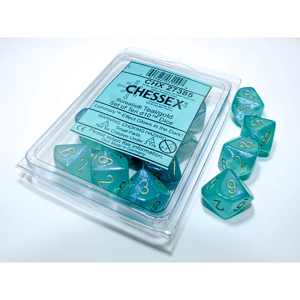 Chessex Borealis D10 sada kostek teal gold 10 ks