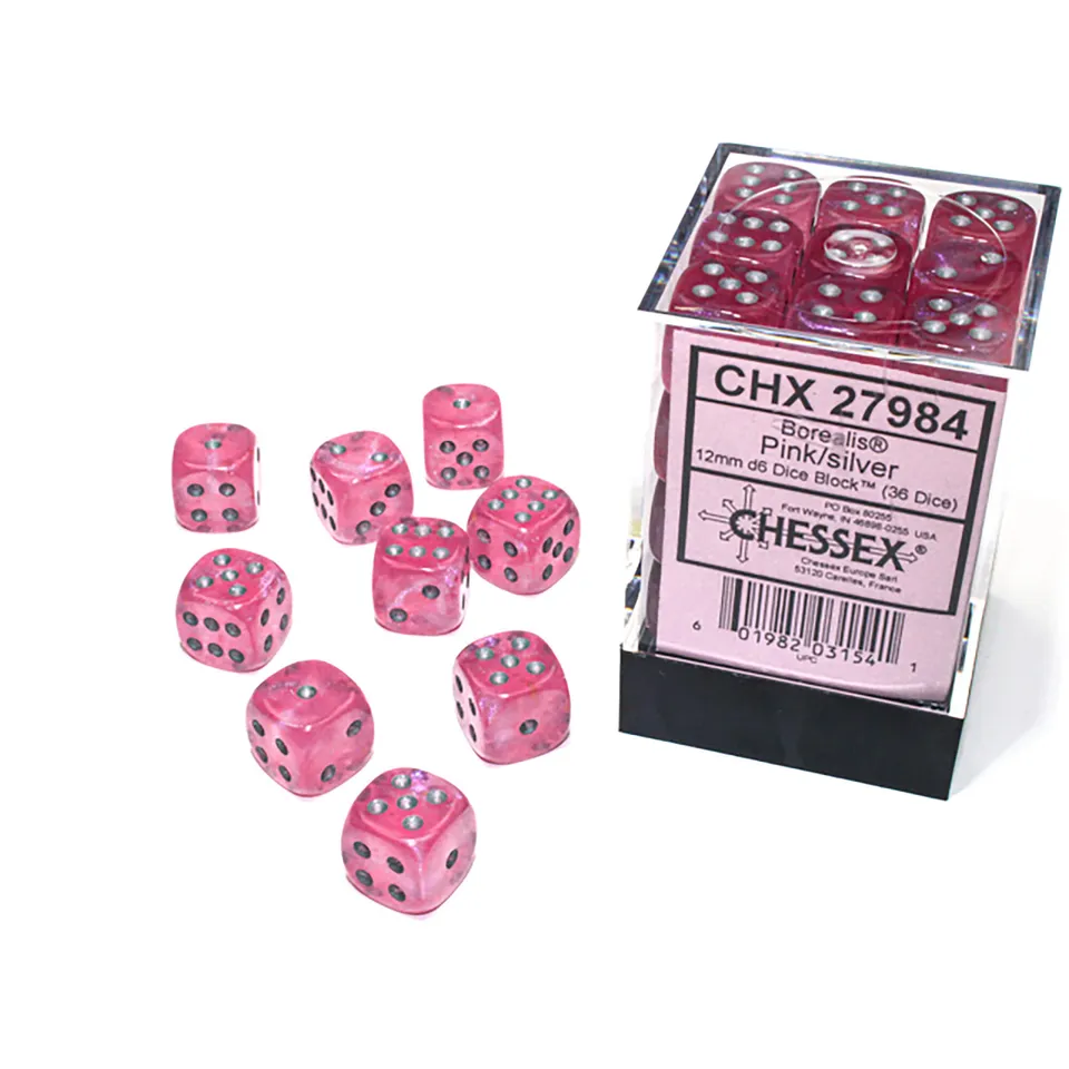 Chessex Borealis D6 sada kostek růžová stříbrná 36 ks