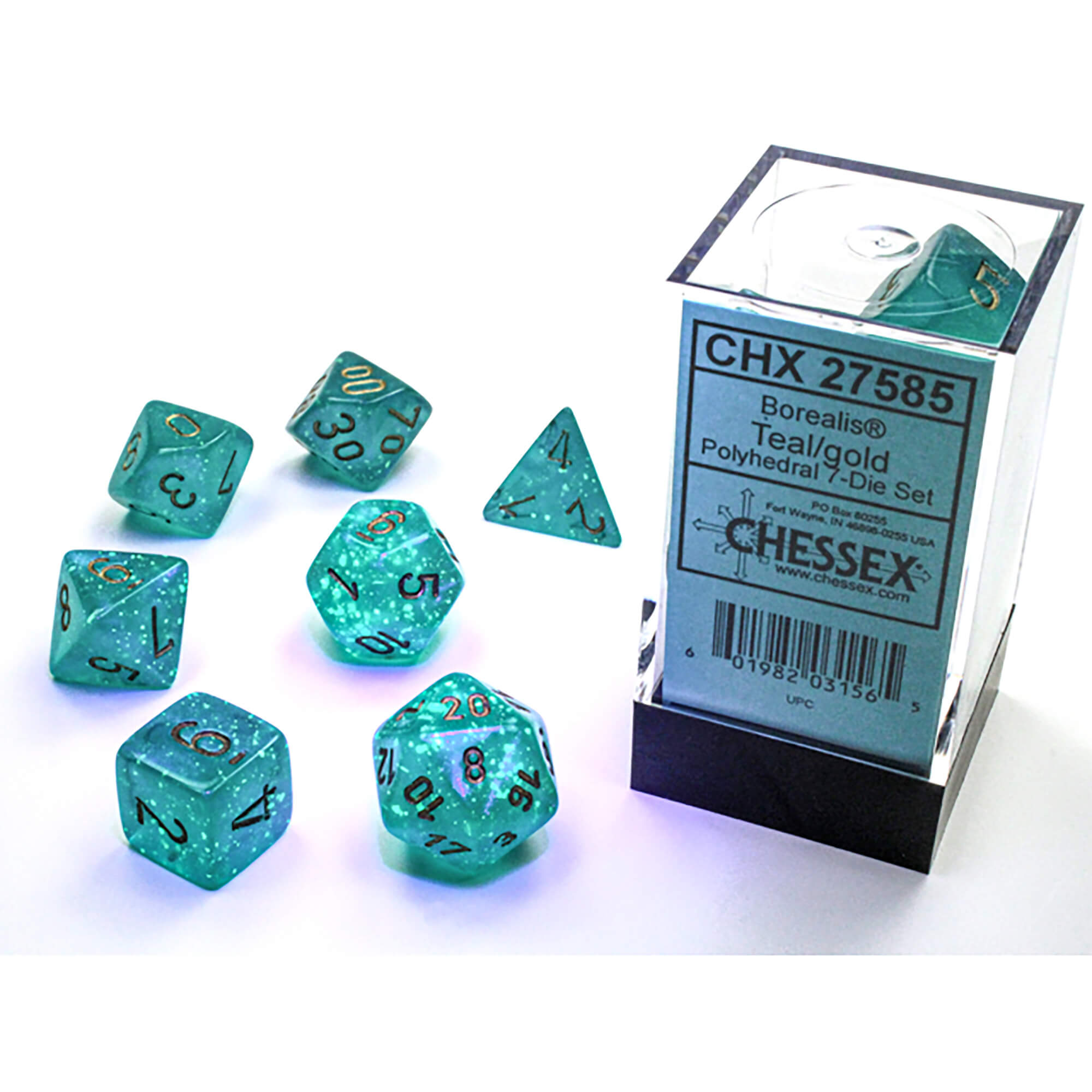 Chessex Borealis Teal Gold 7x polyedrické kostky svítící