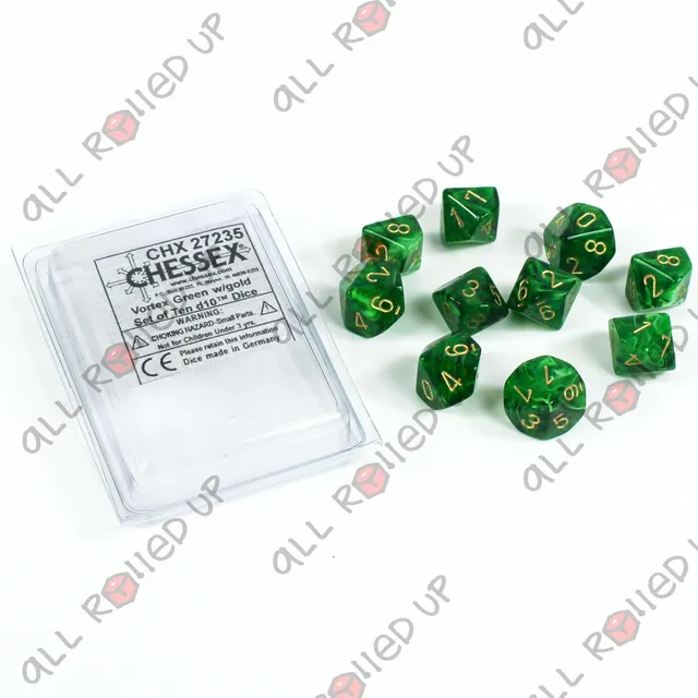 Chessex Vortex D10 sada kostek 10 ks green gold