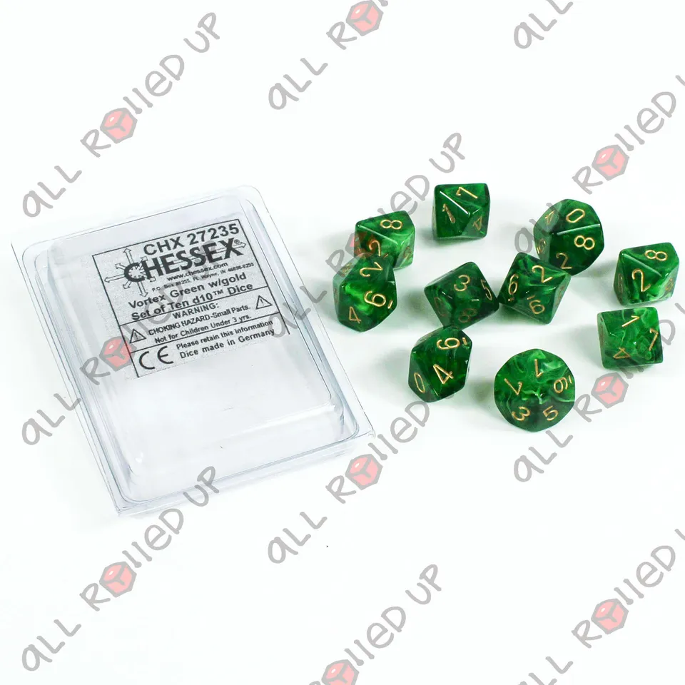 Chessex Vortex D10 sada kostek 10 ks green gold