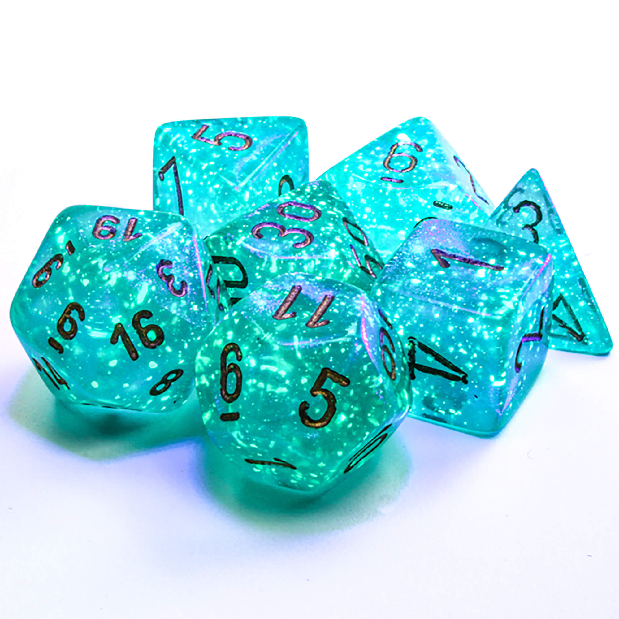 Chessex Borealis Teal Gold 7x polyedrické kostky svítící
