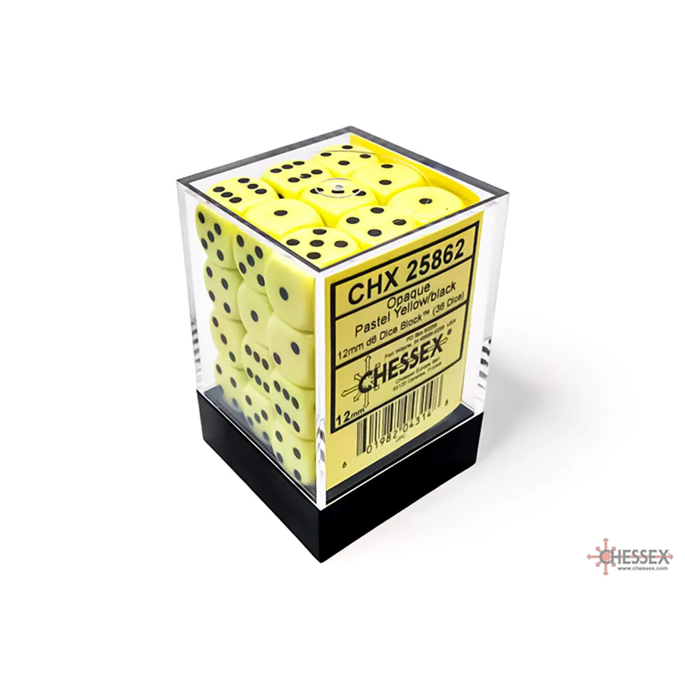 Chessex Opaque Pastel Yellow Black kostky D6 36 ks 12 mm
