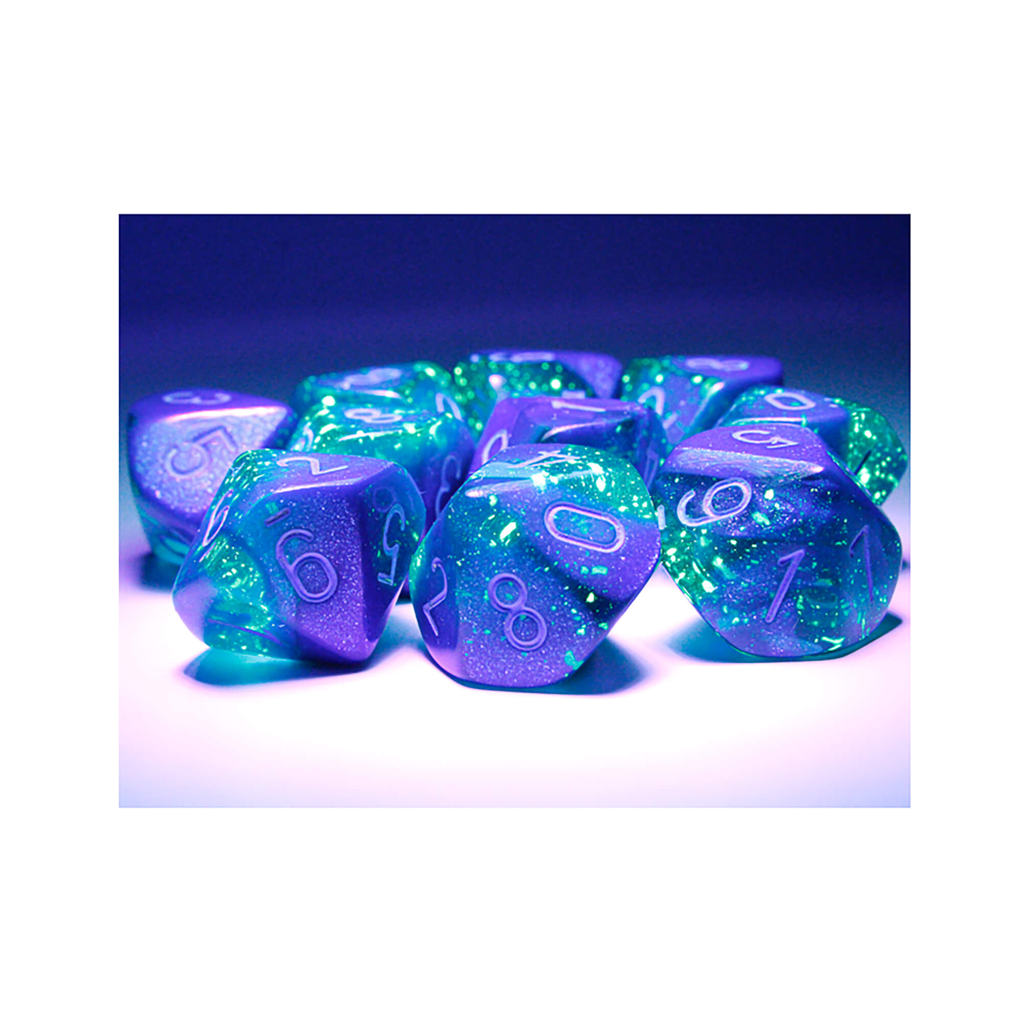 Chessex Gemini Blue Light Blue sada D10 kostek 10 ks svítící