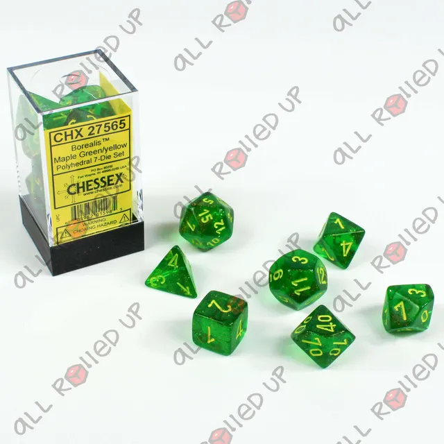Chessex Borealis Maple Green sada kostek 7 ks třpytivá