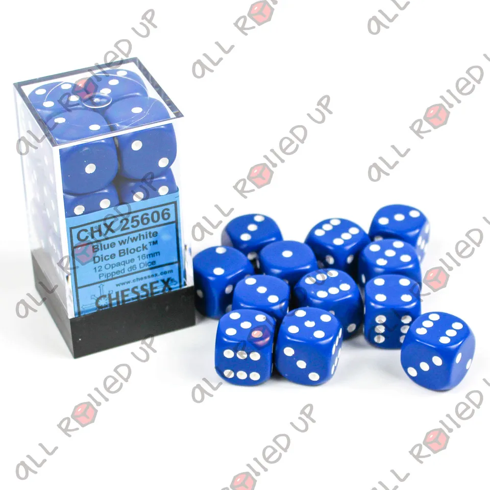 Chessex Opaque Blue-White D6 16mm sada kostek 12 ks