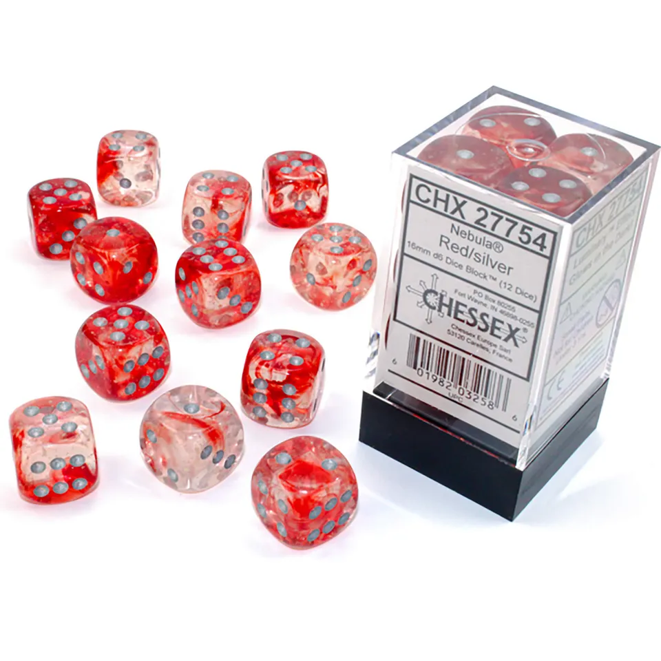 Chessex Nebula Red Silver sada D6 kostek 12 ks svítící