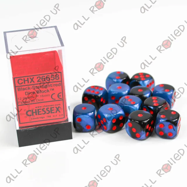 Chessex Gemini Black-Starlight sada kostek D6 12 ks 16 mm