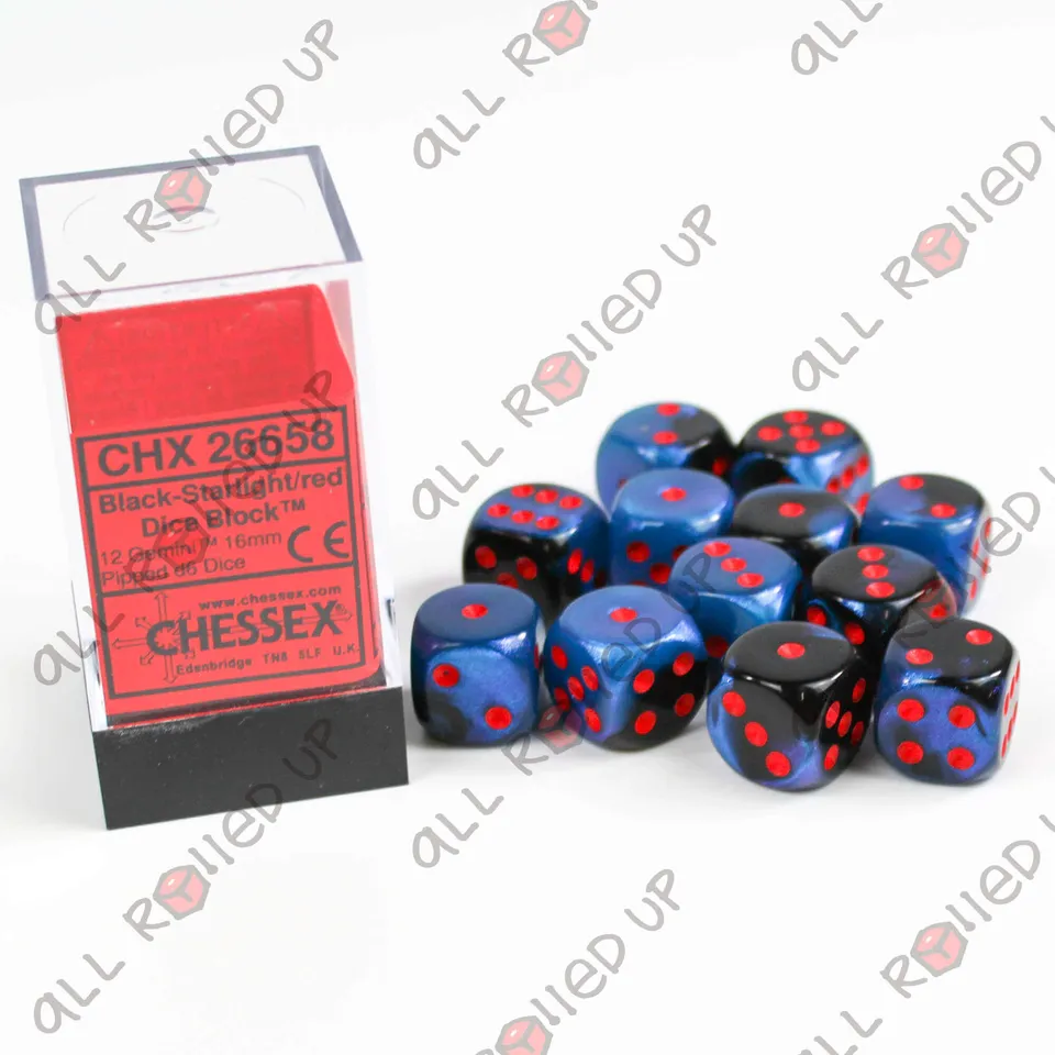 Chessex Gemini Black-Starlight sada kostek D6 12 ks 16 mm
