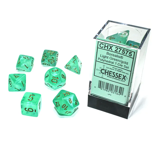 Chessex Borealis Light Green Gold sada 7 kostek svítící