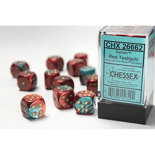 Chessex Gemini Red-Teal Gold kostky D6 12 ks 16 mm