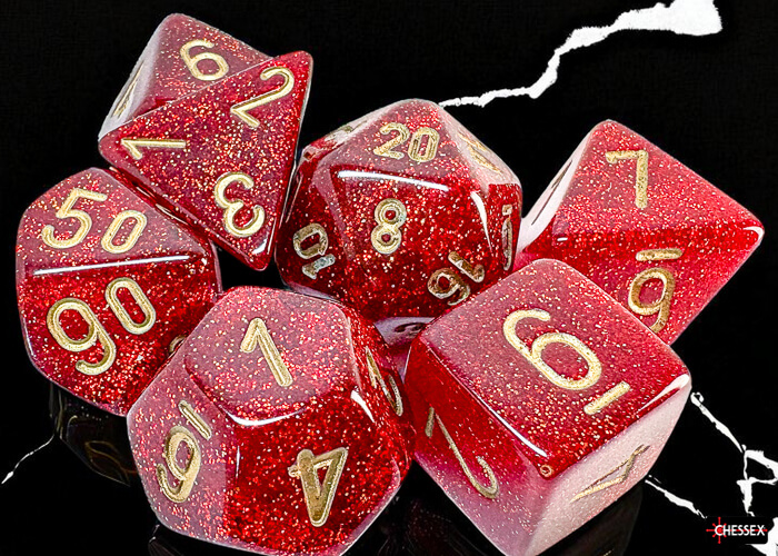 Chessex Glitter Ruby Gold sada kostek Megahedral 7ks
