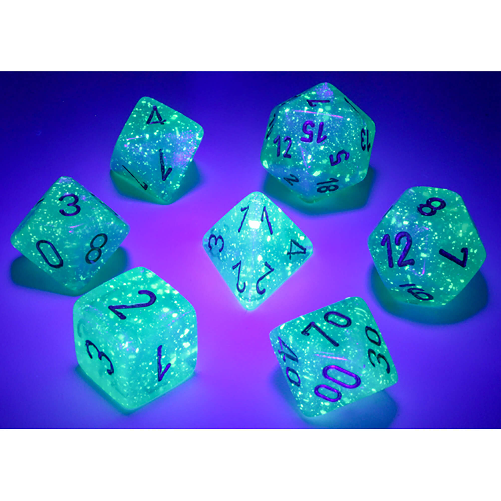 Chessex Borealis Light Green Gold sada 7 kostek svítící