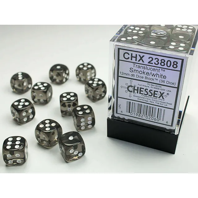 Chessex Translucent Smoke sada kostek D6 36×12mm průhledná