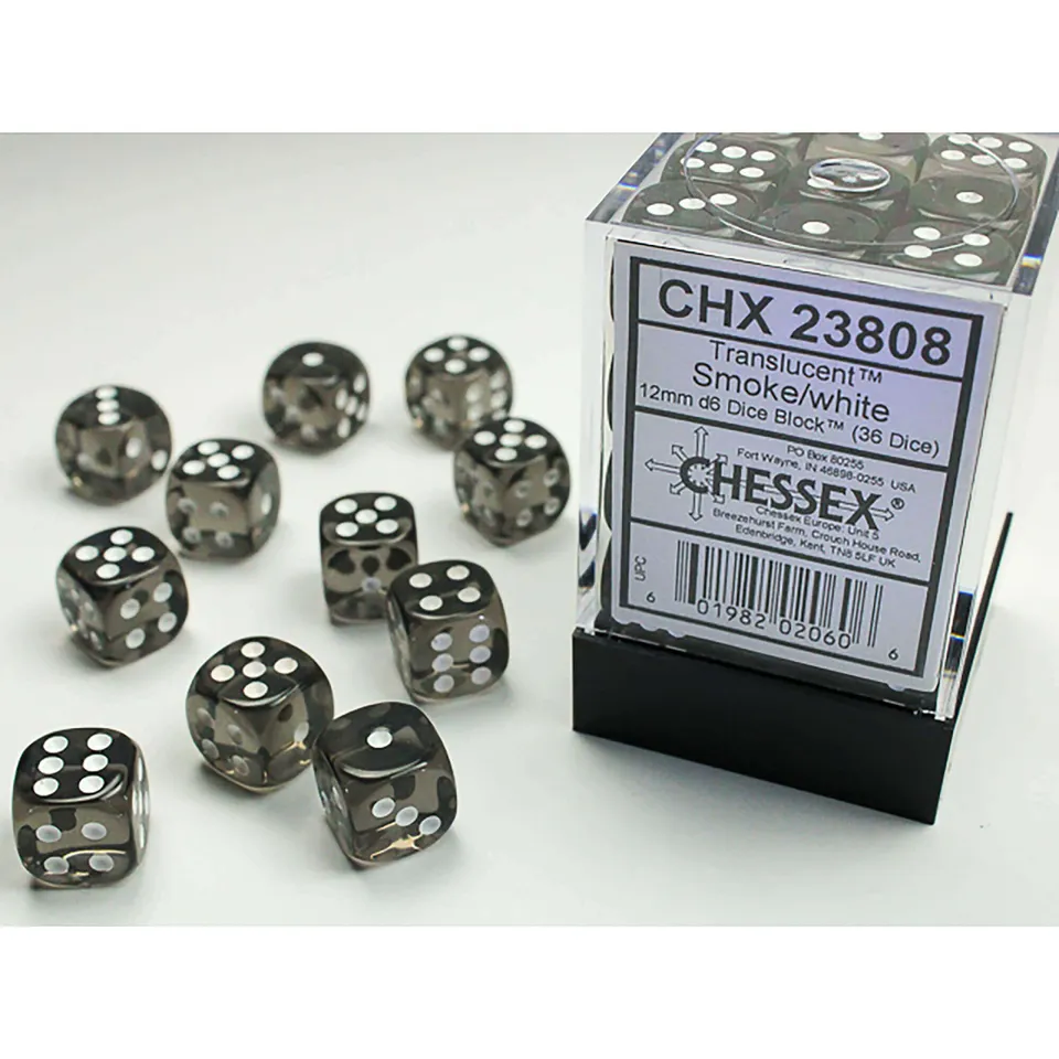 Chessex Translucent Smoke sada kostek D6 36×12mm průhledná