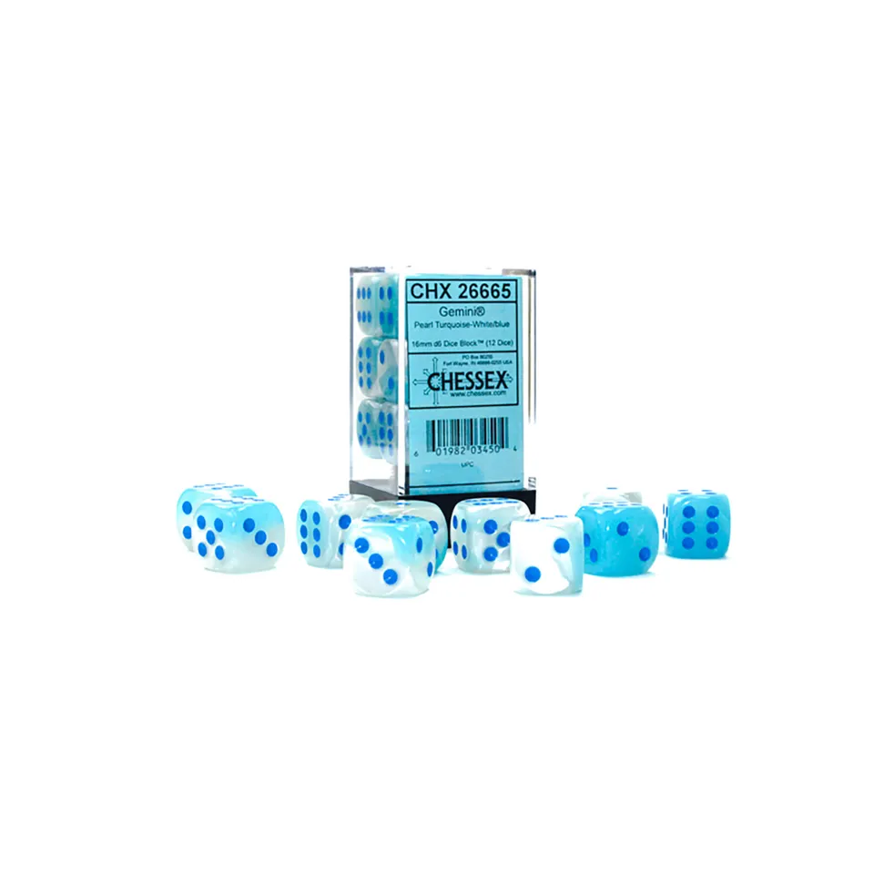 Chessex Gemini Pearl Turquoise kostky D6 12 ks 16 mm