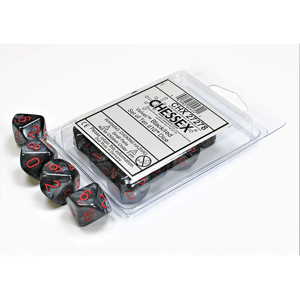 Chessex Velvet D10 10 Dice Set sada kostek Black Red 10 ks