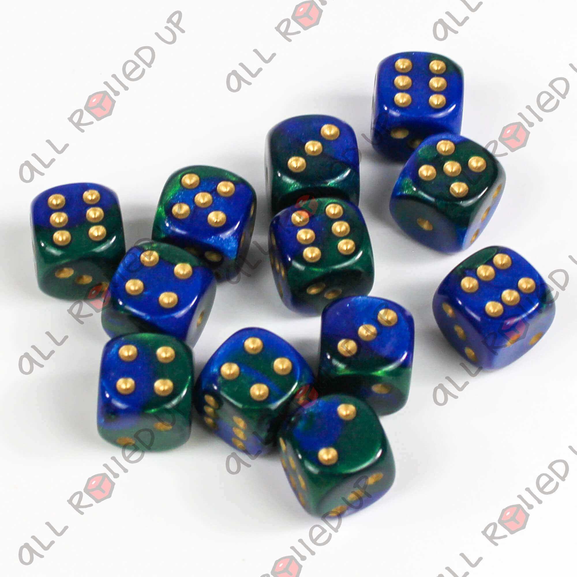 Chessex Gemini Blue-Green Gold sada kostek D6 12 ks