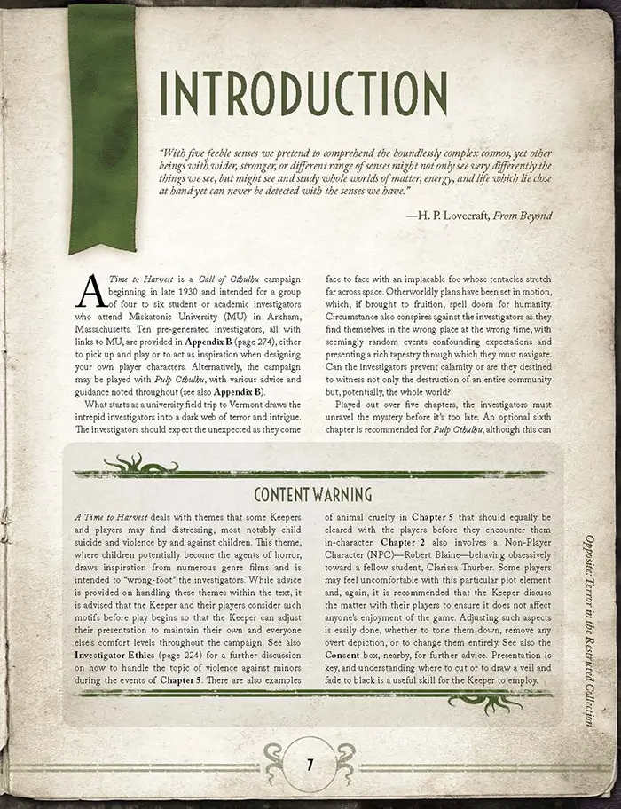 Call of Cthulhu A Time to Harvest kampaň hardcover