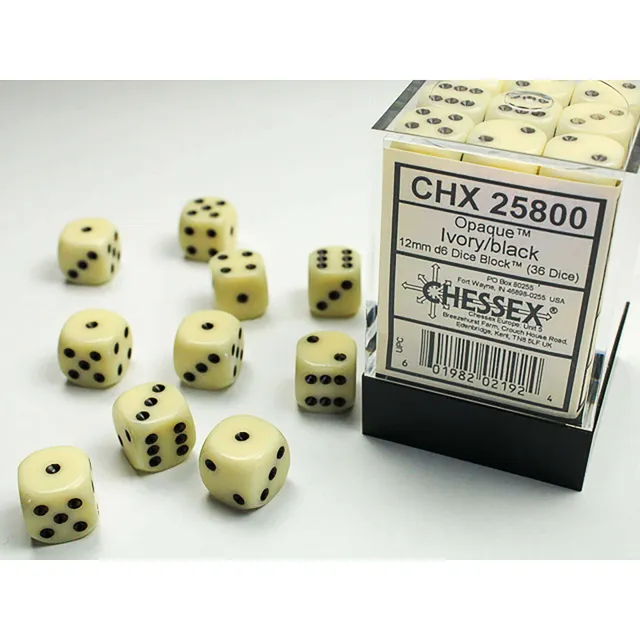 Chessex Opaque Ivory Black 36 kostek D6 12 mm