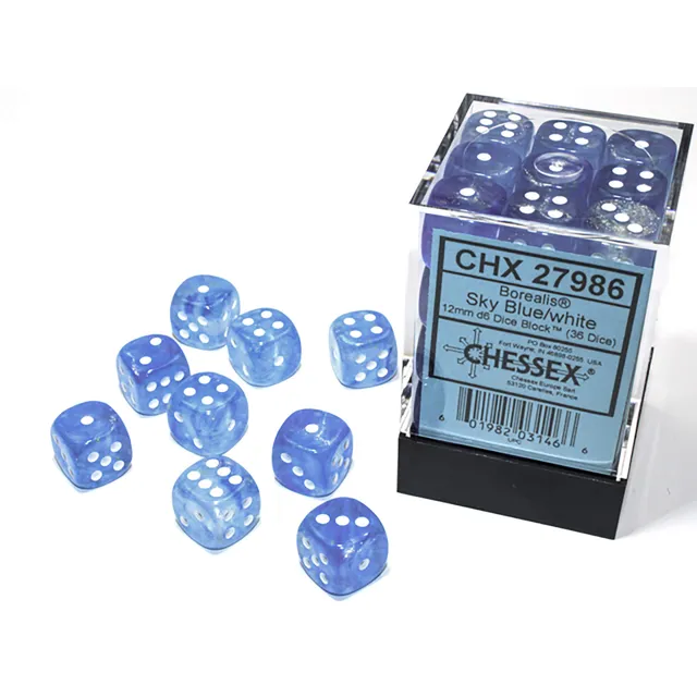 Chessex Borealis D6 36 kostek modrá bílá 12mm