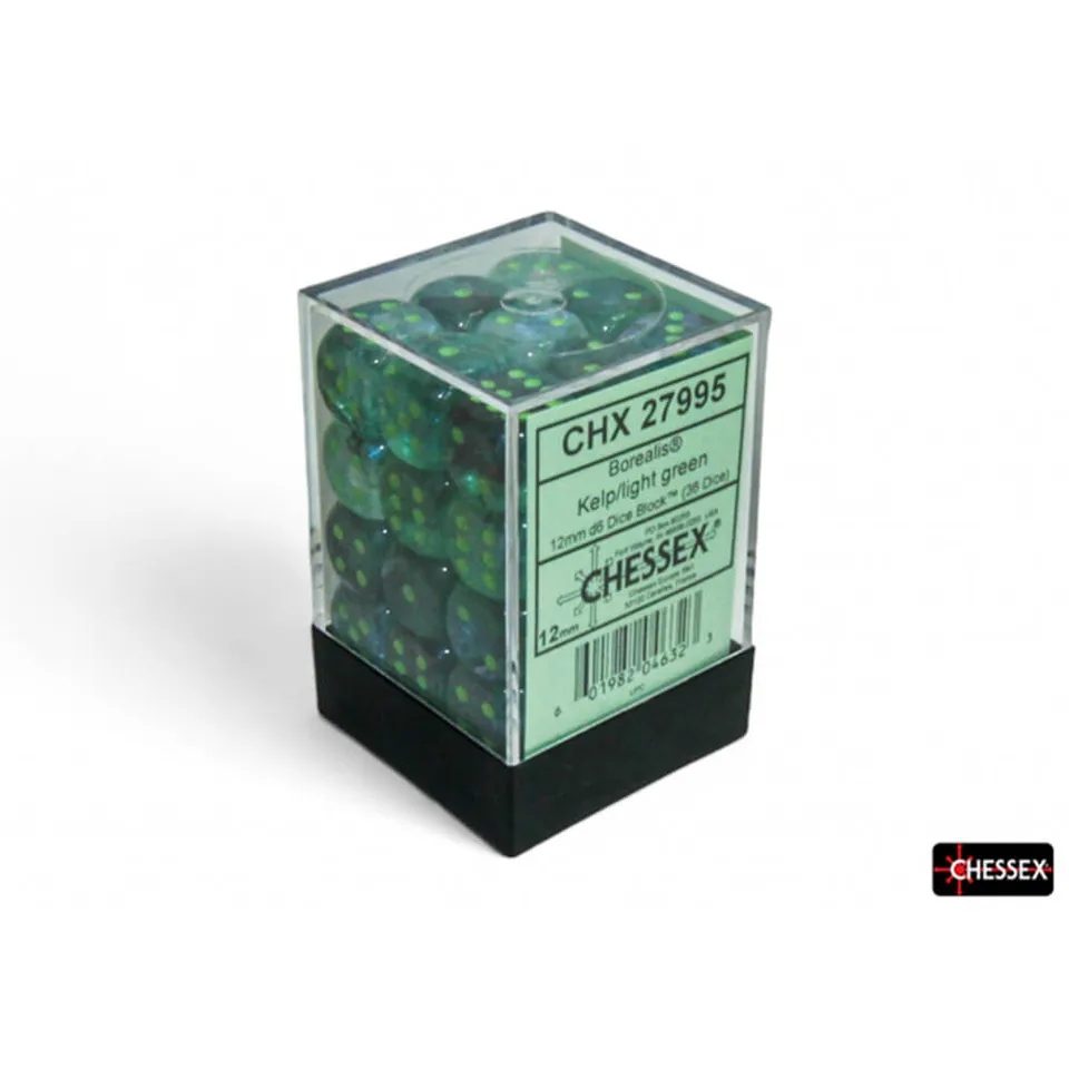 Chessex Borealis Kelp sada kostek 36x D6 svítící