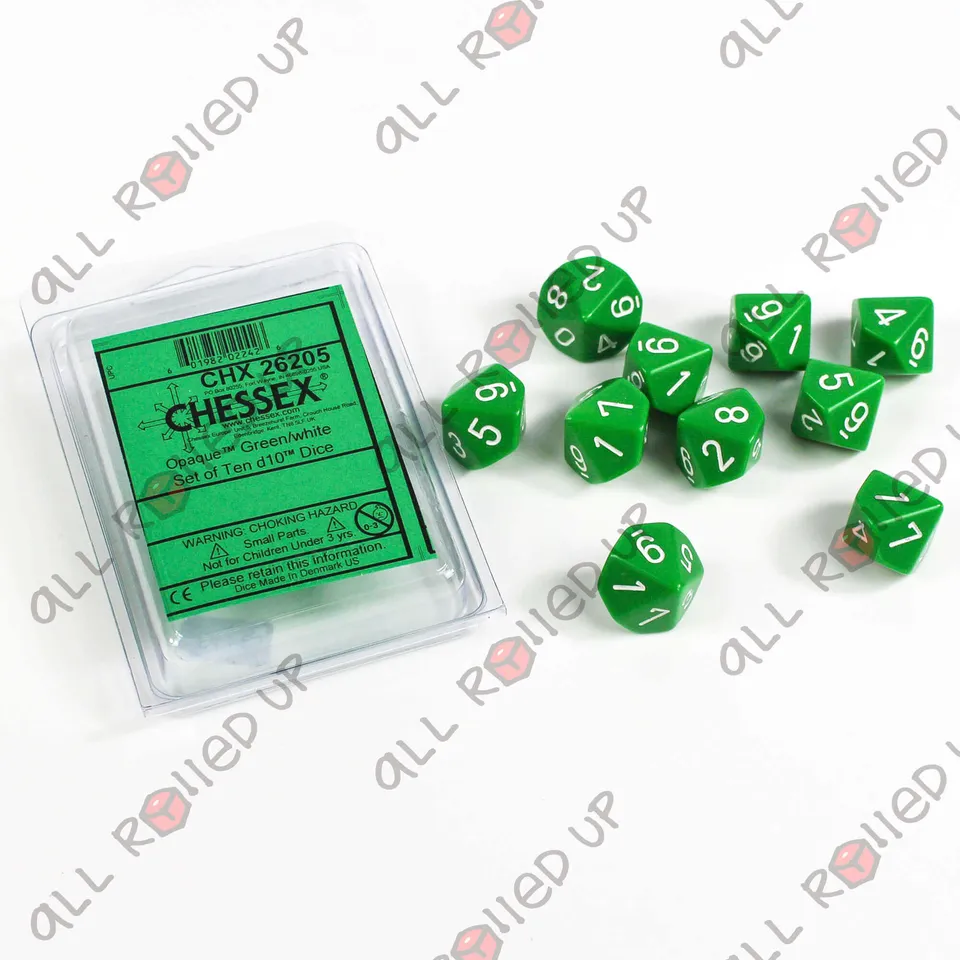 Chessex Opaque CHX26205 sada kostek D10 zeleno-bílá 10 ks