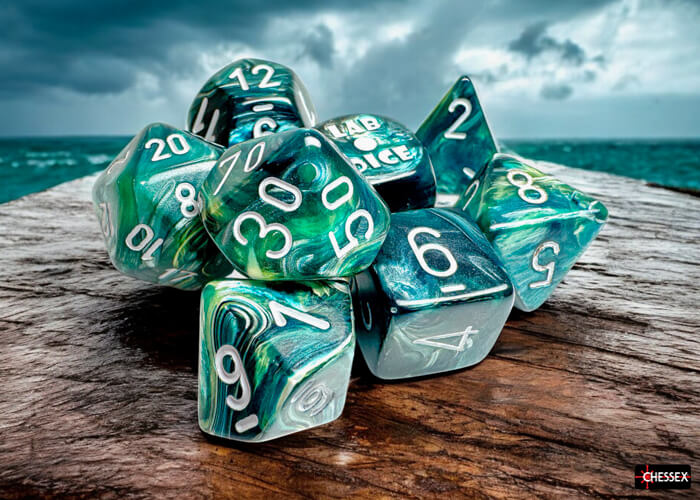 Chessex Lab Dice Wave 9 sada kostek 7+1 Neptune