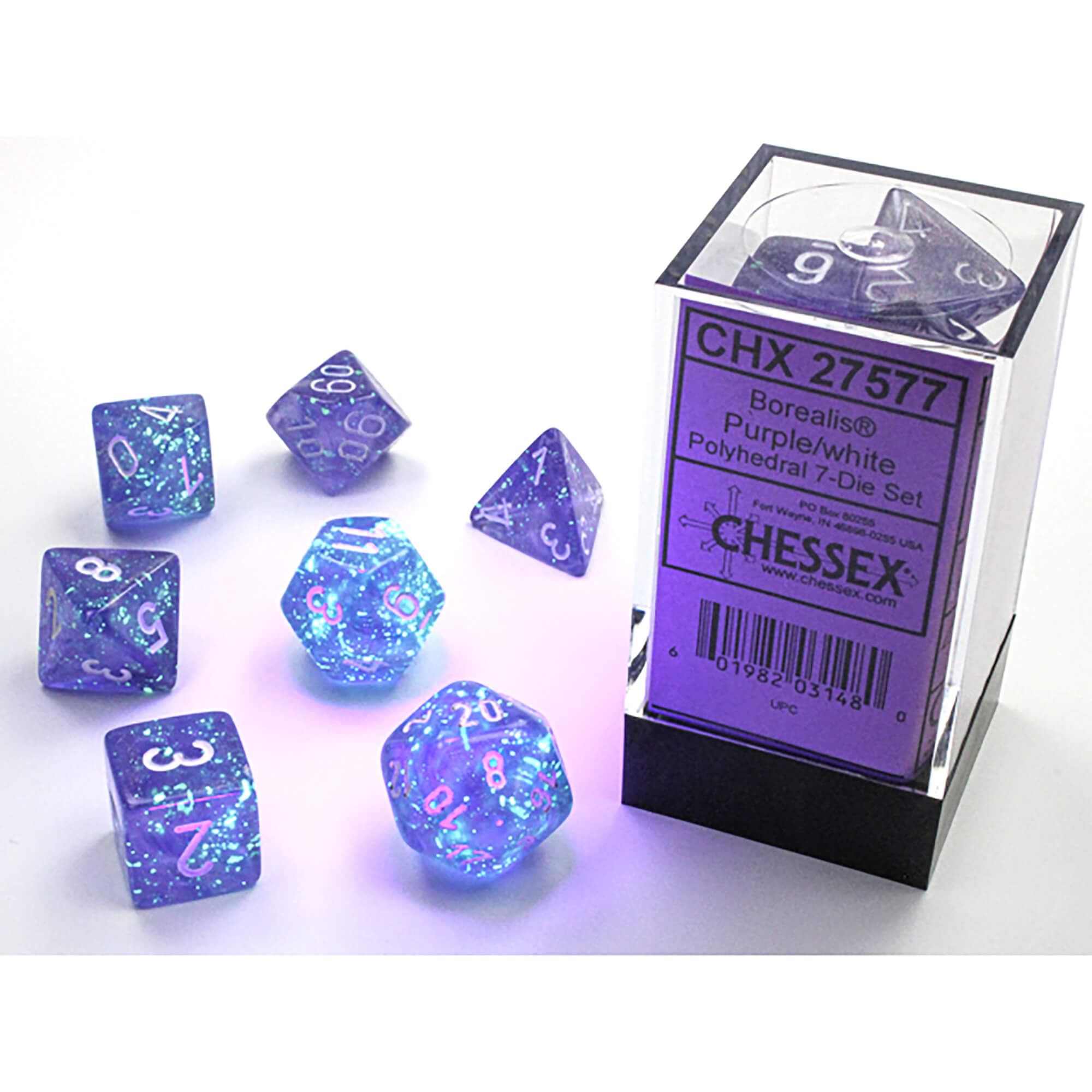 Chessex Borealis Purple White sada kostek 7ks svítící