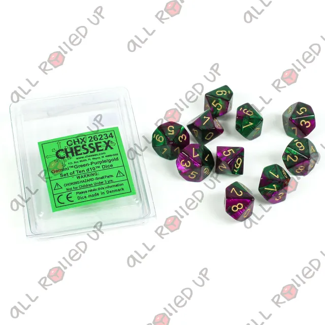 Chessex Gemini Green-Purple Gold kostky D10 sada 10 ks