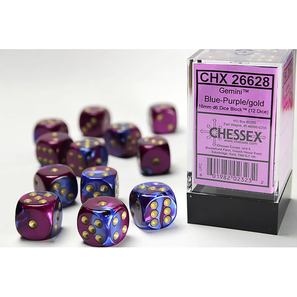 Chessex Gemini D6 kostky 12x16 mm Blue-Purple Gold