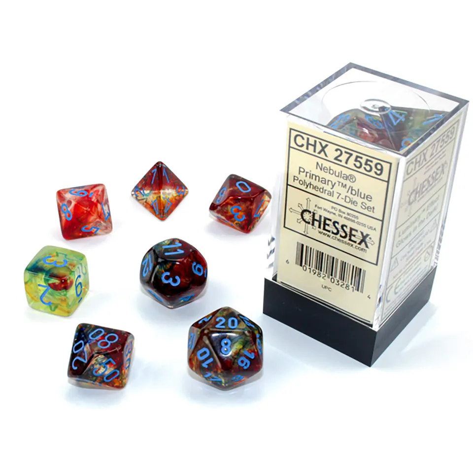 Chessex Nebula Primary Blue sada kostek 7 ks svítící