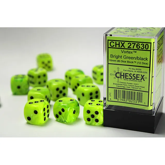 Chessex Vortex Bright Green Black kostky D6 16mm 12ks