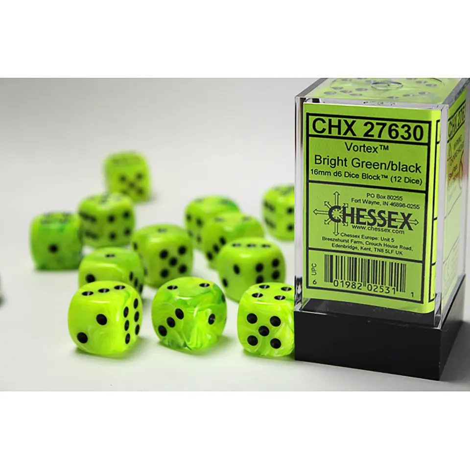 Chessex Vortex Bright Green Black kostky D6 16mm 12ks