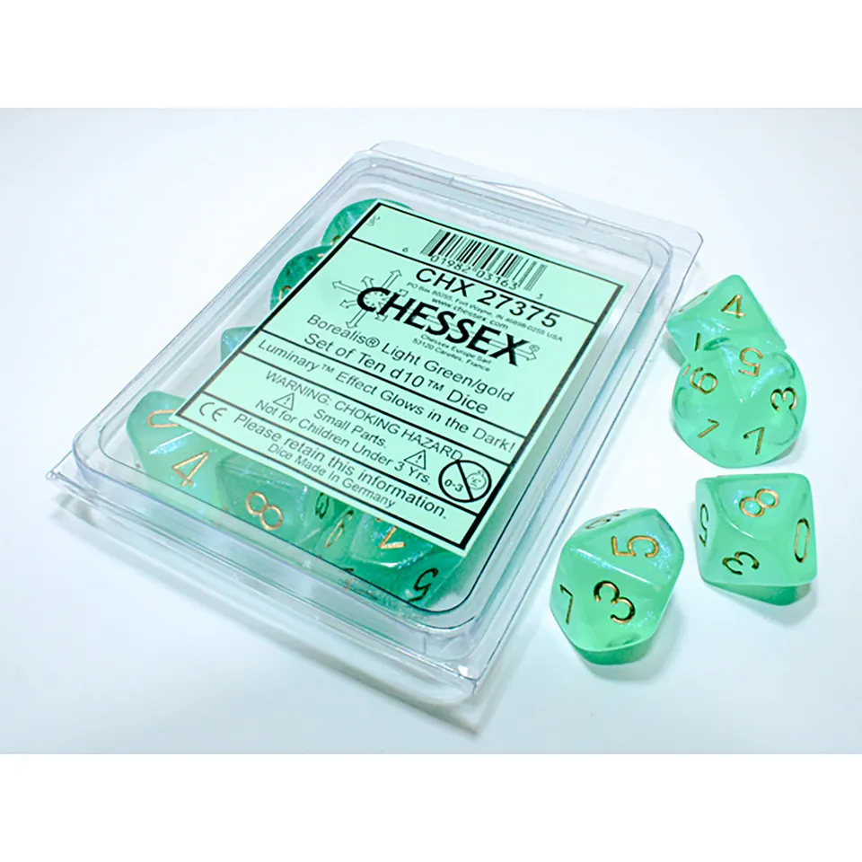 Chessex Borealis Light Green Gold sada kostek D10 10 ks