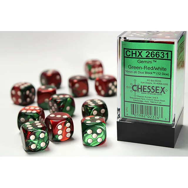 Chessex Gemini Green-Red sada kostek D6 12ks 16mm