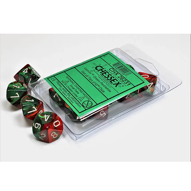 Chessex Gemini Green-Red sada kostek D10 10ks bílá