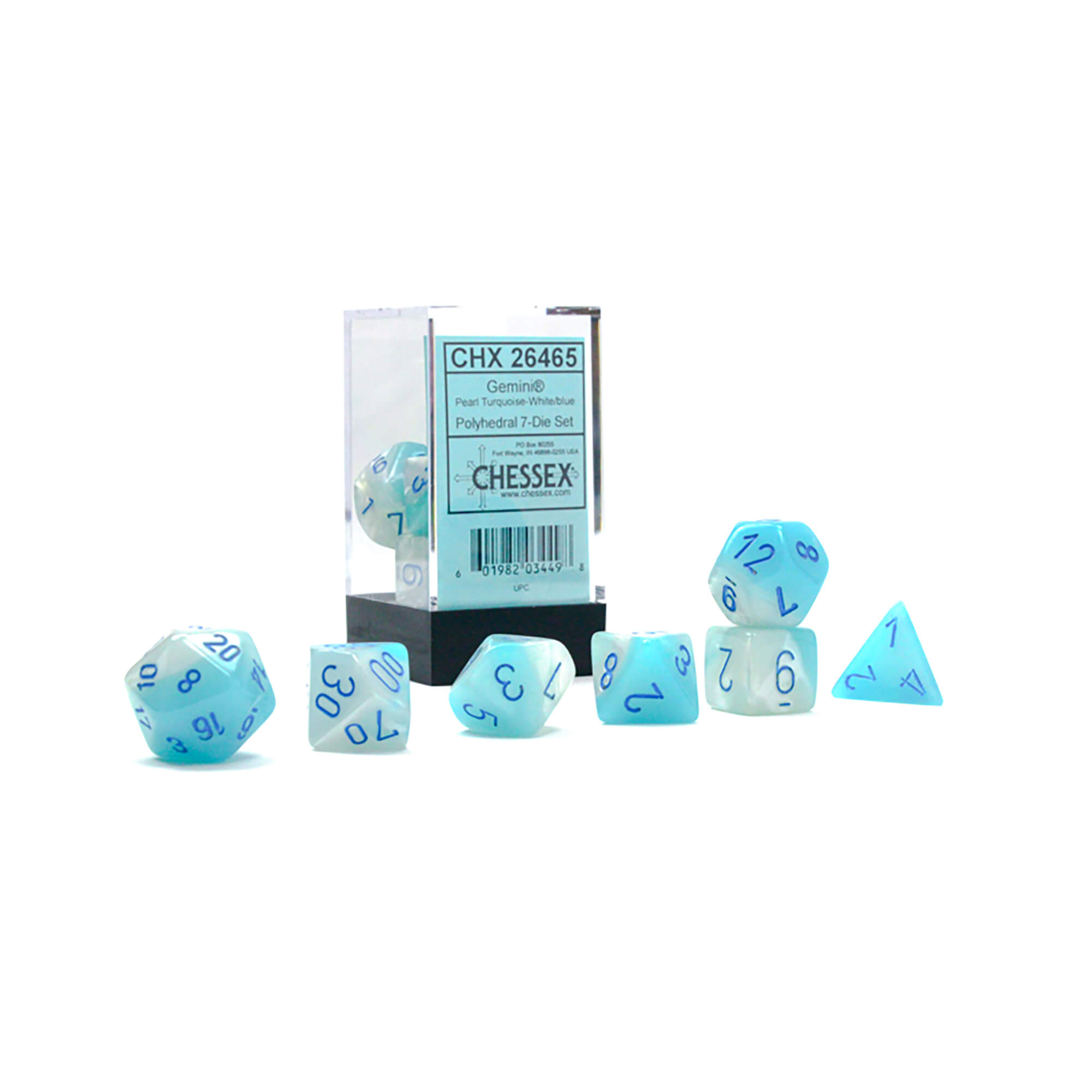 Chessex Gemini Pearl Turquoise White Blue sada kostek 7ks